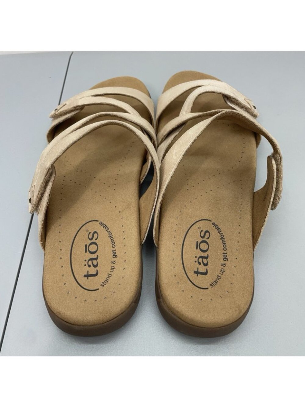 Taos Double U Slide Sandals Comfort Strappy Slip On Leather Cream Womens 8 - Picture 9 of 12